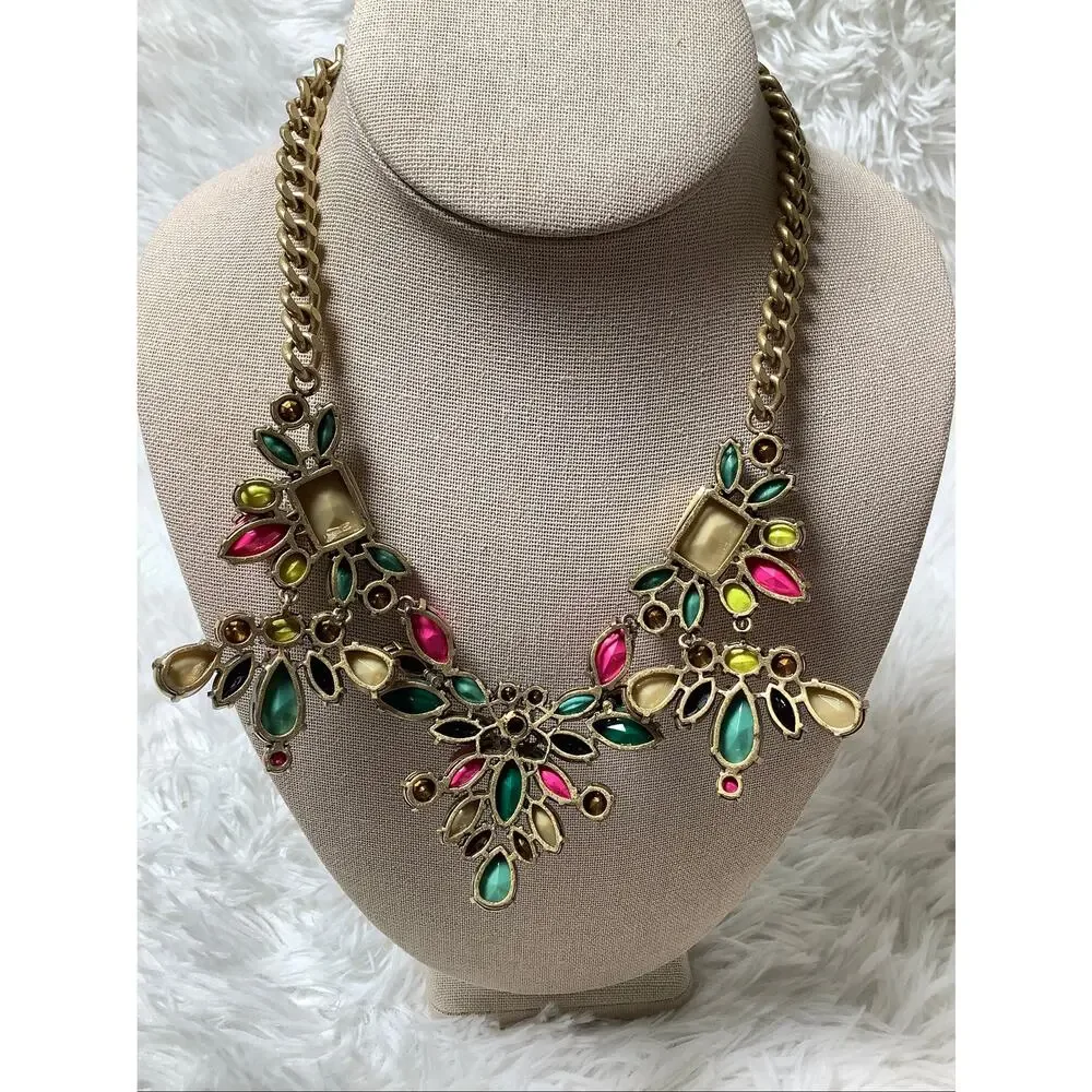 J.Crew Gold Tone Mixed Crystal Statement Bib Necklace Vintage Whimsigoth F15-23